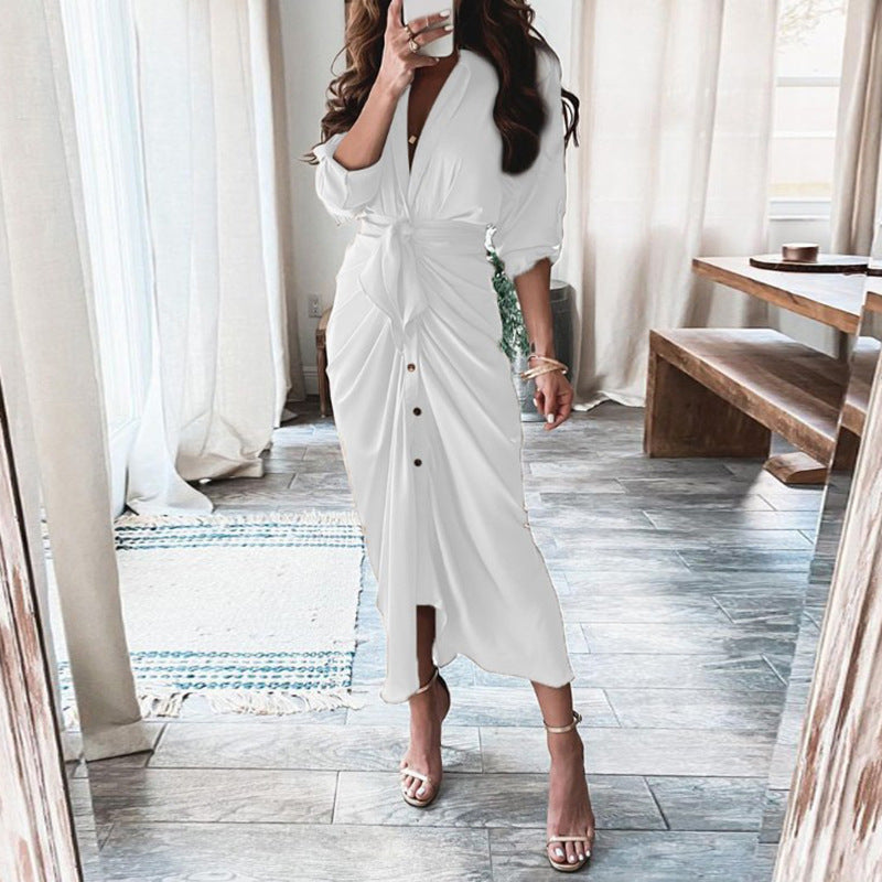 Robe chemise à manches longues et à lacets, imprimé européen et américain, à simple boutonnage