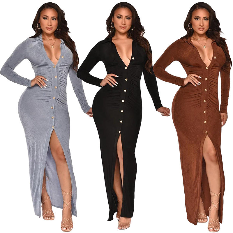 Robe cardigan tendance en velours coréen, couleur unie, slim, sexy, sac, hanche, jupe longue