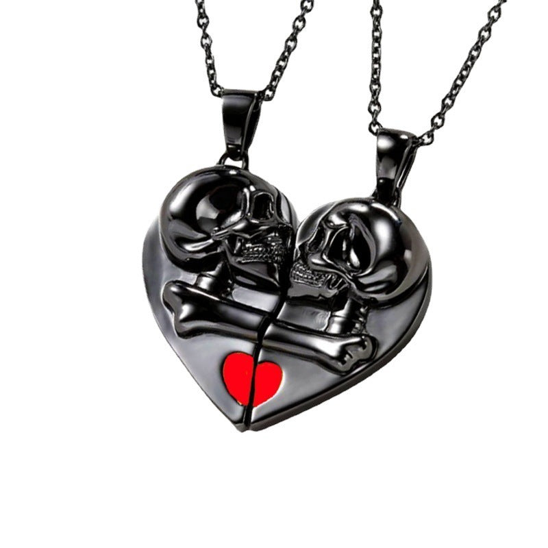Collier avec pendentif tête de mort punk rétro pour Halloween, en forme de cœur, avec coutures magnétiques, pour couple