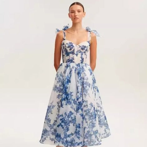 Robe de vacances style fée française à bretelles spaghetti sans manches