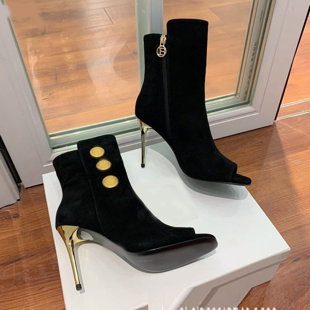 Nuevos botines con hebilla redonda de metal Boca de pescado Zapatos de mujer súper Stiletto