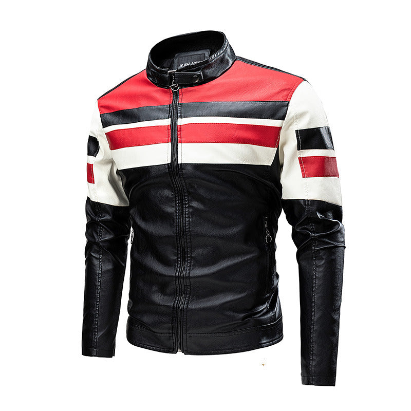 Veste en cuir à coutures de moto pour homme, col montant, style rétro