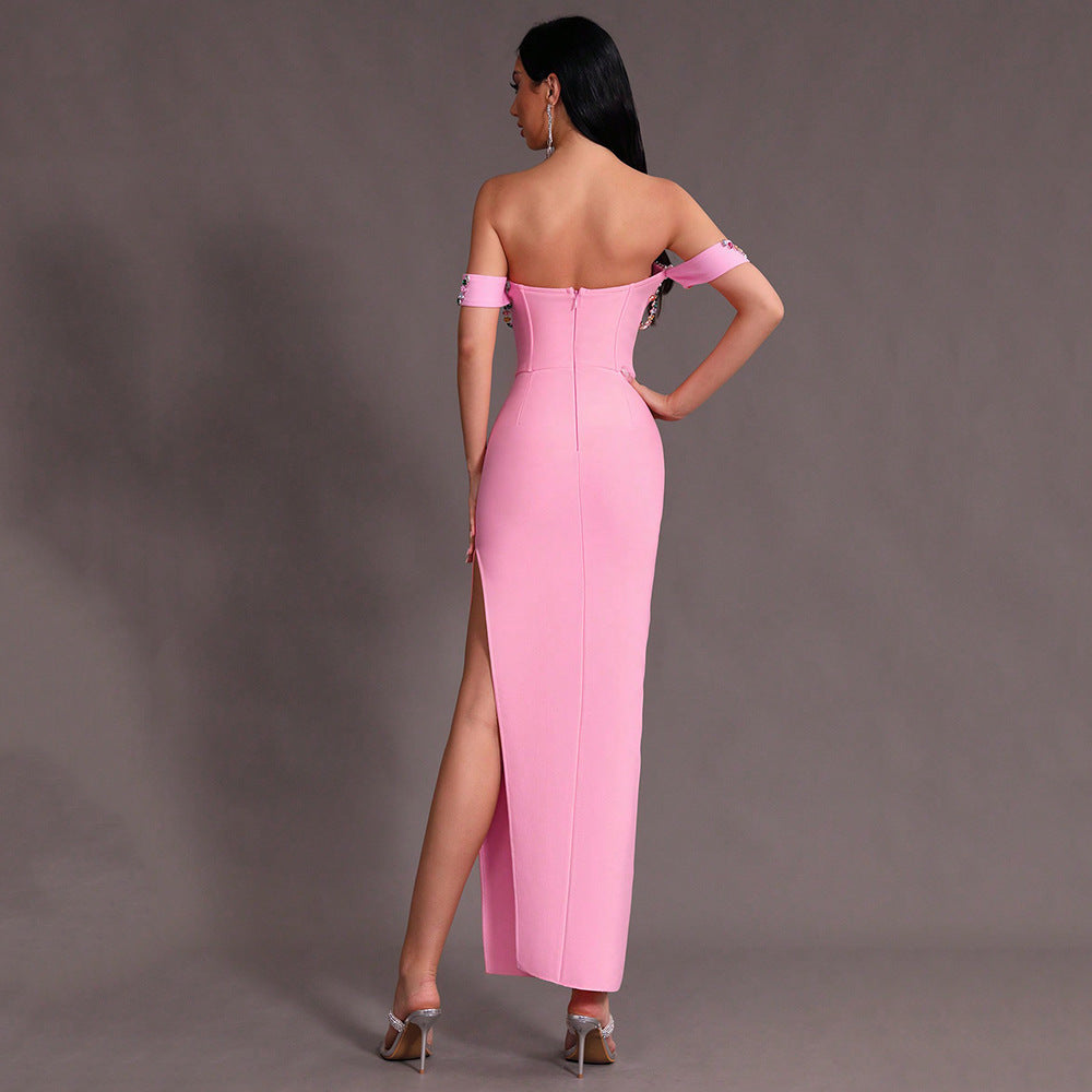 Off-shoulder Sexy Colorful Crystal Diamond Split Tight Stretch Long Dress