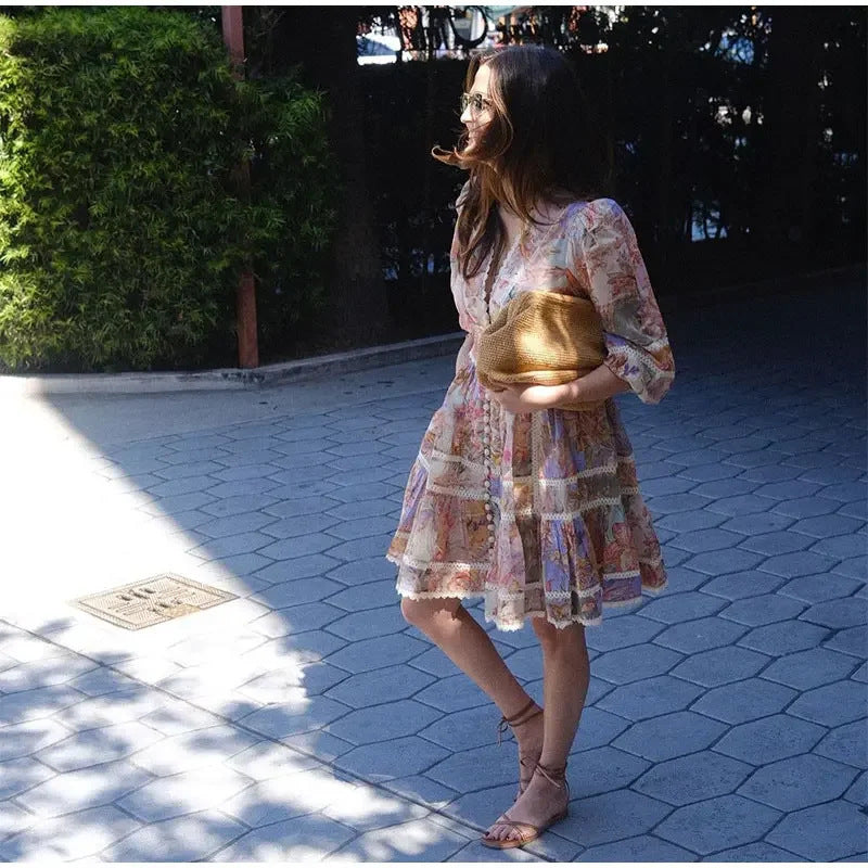 Vintage Single-breasted Printed Mini Dress