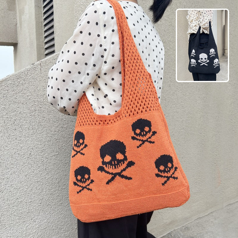 Sac à bandoulière tricoté motif tête de mort pour Halloween, sacs de courses amusants et creux pour femmes