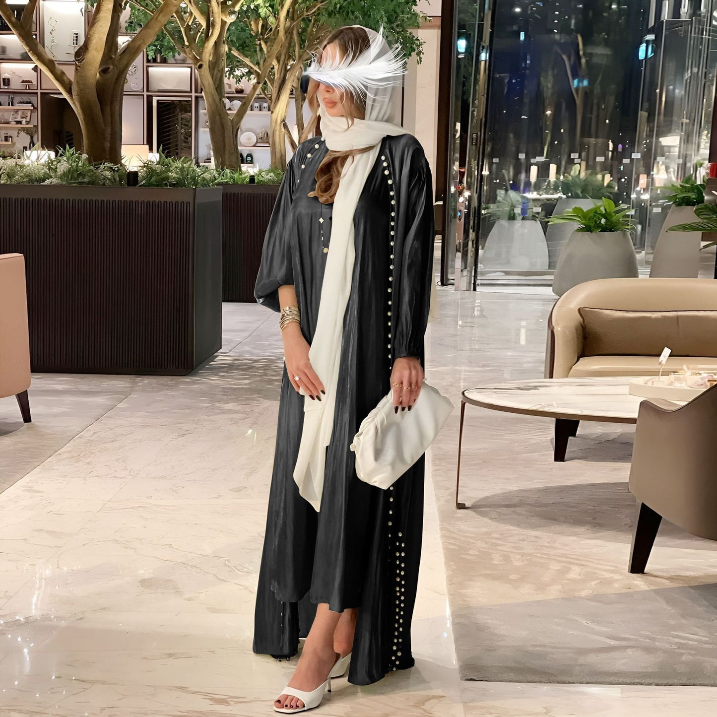 Robe en satin de soie Fil-Lumiere pour femme, couleur unie, perles en mousse