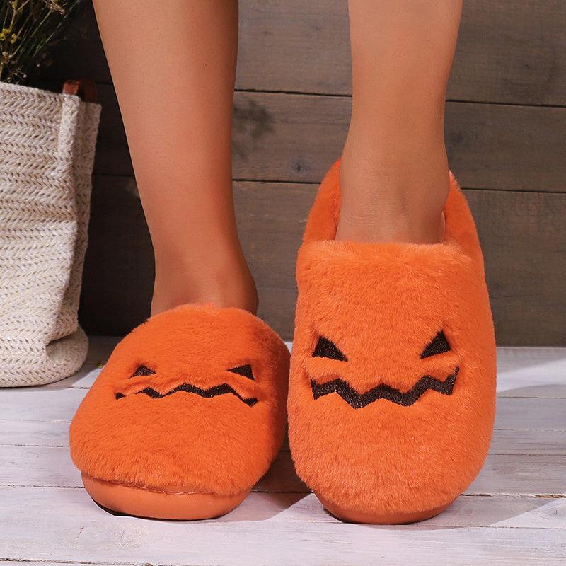 Chaussons mignons en forme de citrouille pour Halloween, pantoufles d'hiver chaudes en peluche pour chambre à coucher, pantoufles décontractées, confortables et douillettes pour l'intérieur