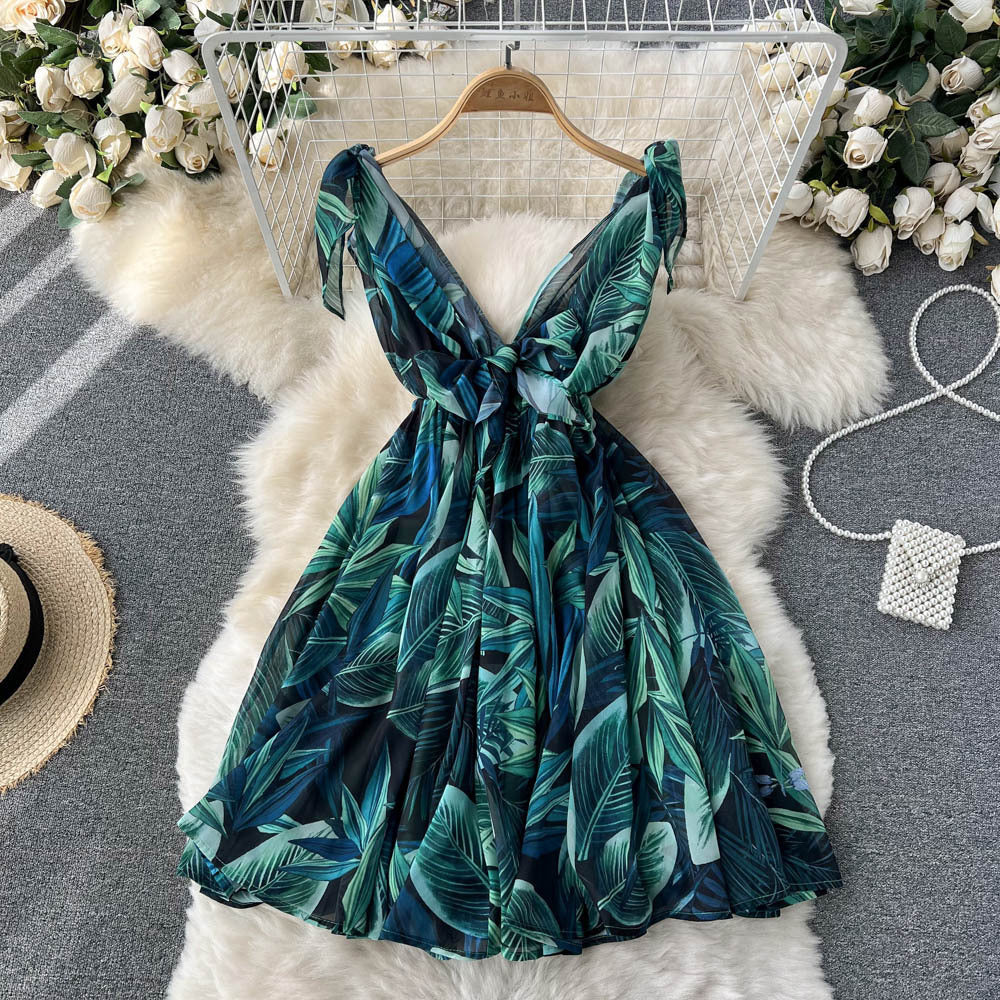 Robe de plage en mousseline imprimée à lacets pour femme