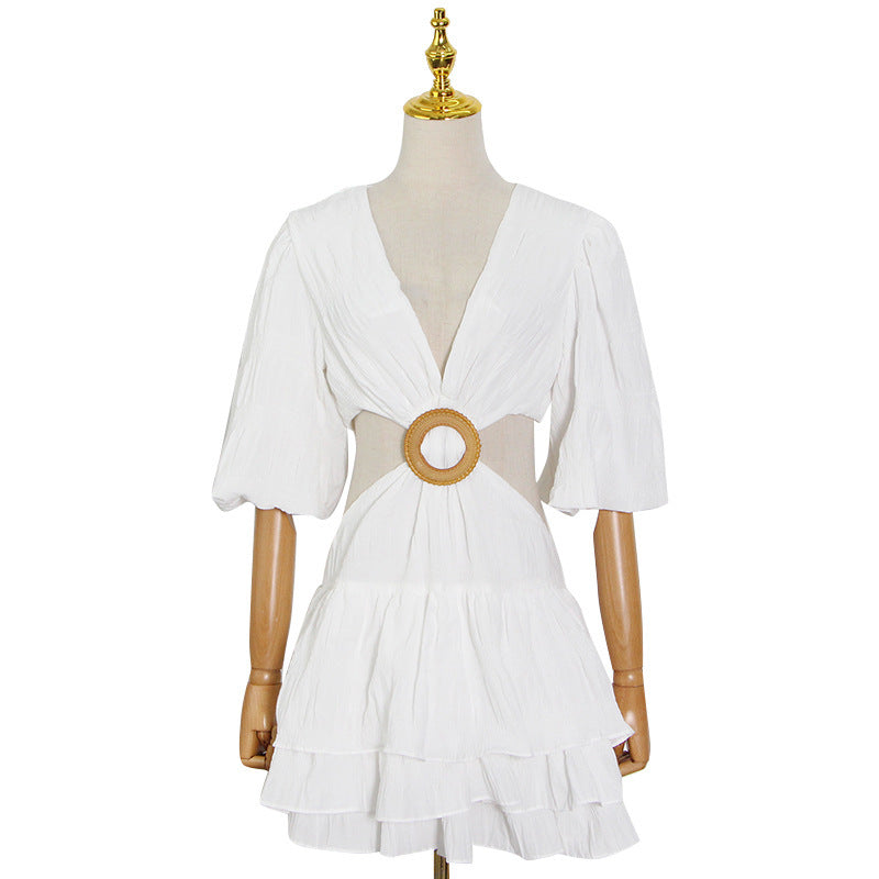 Women's Fashion Solid Color And V-neck Puff Sleeve Dress