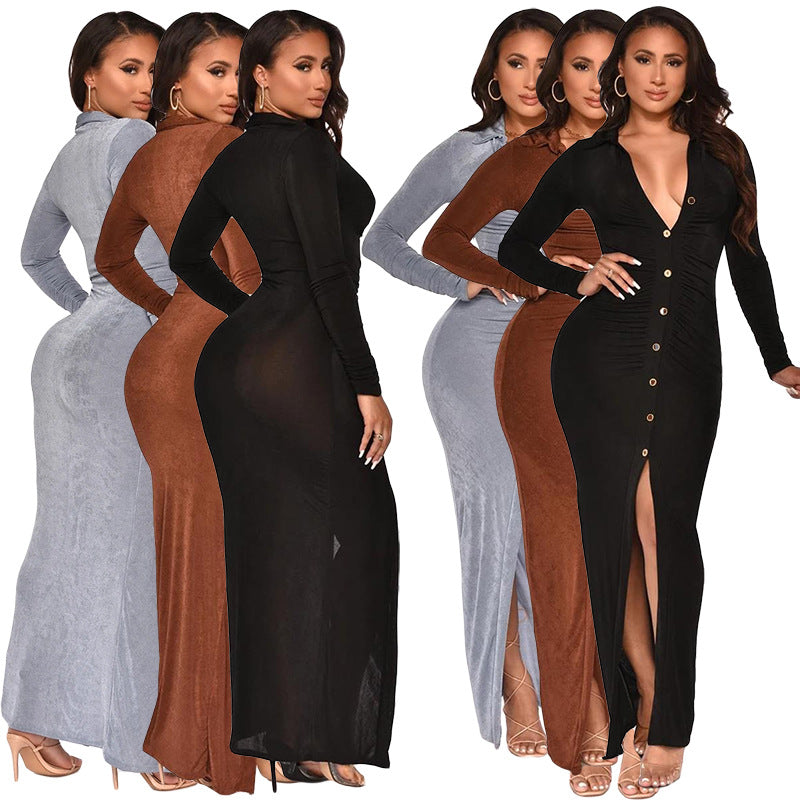 Robe cardigan tendance en velours coréen, couleur unie, slim, sexy, sac, hanche, jupe longue
