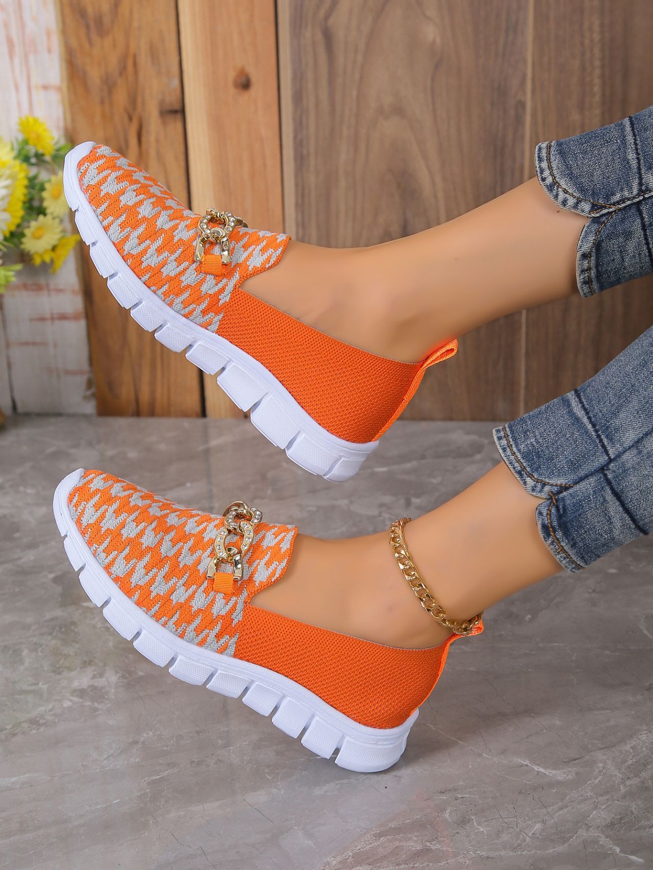 Zapatos casuales de malla con cadena y estampado de pata de gallo, zapatos planos deportivos para caminar de verano para mujer, mocasines transpirables