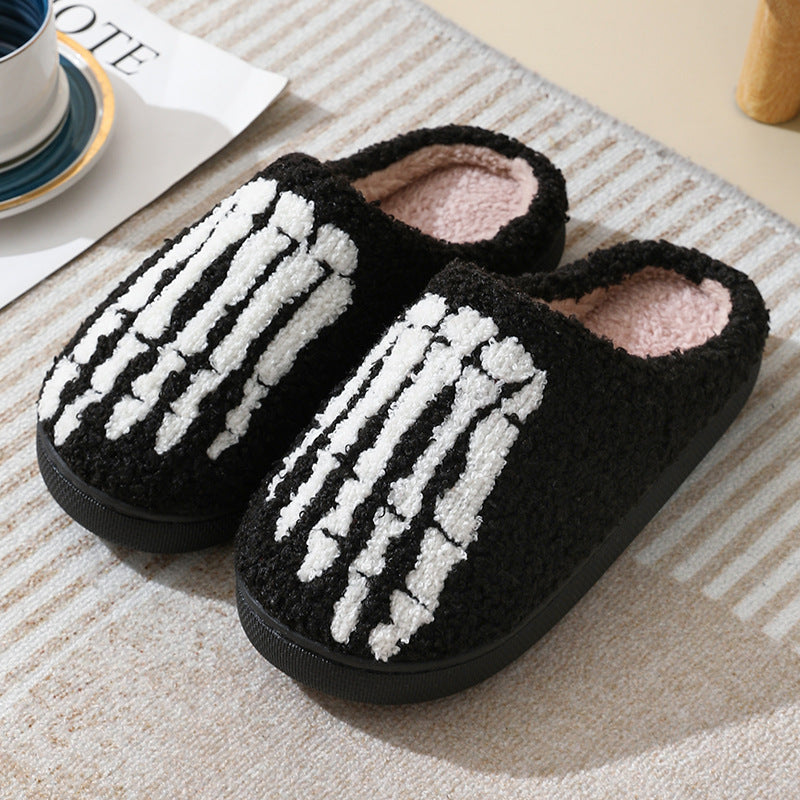 Chaussons d'hiver chauds à imprimé tête de mort pour Halloween, pantoufles d'intérieur en coton pour hommes et femmes