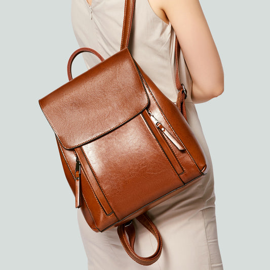 Sacs à main en cuir véritable, sac à dos tendance en cuir de vachette huilé et ciré, sac d'école pour femmes