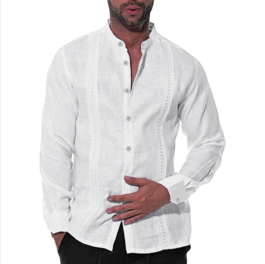 Camisa informal de manga larga con cuello alto de algodón y lino a la moda para hombre