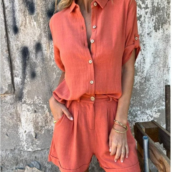 Conjunto de camisa de manga media con solapa de lino y algodón