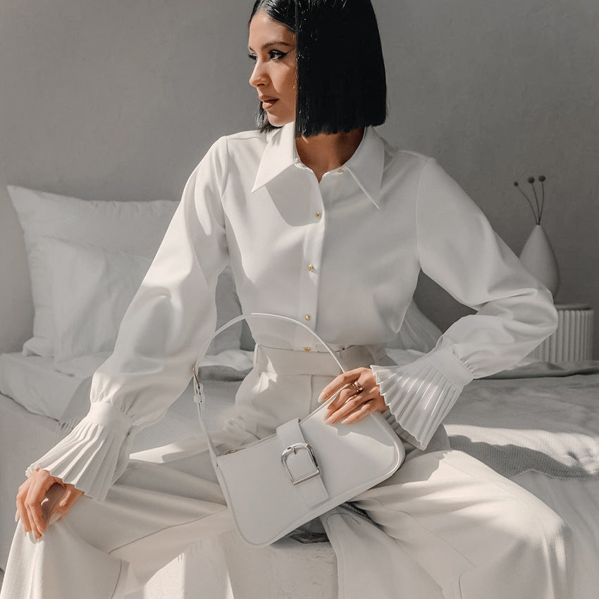 Elegant French Style Shirt Design Ruffled White Commuter Business Women's Clothing