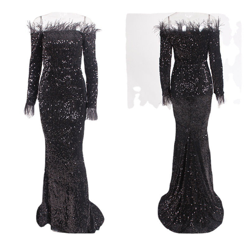 Robe de soirée formelle à épaules dénudées et queue de poisson