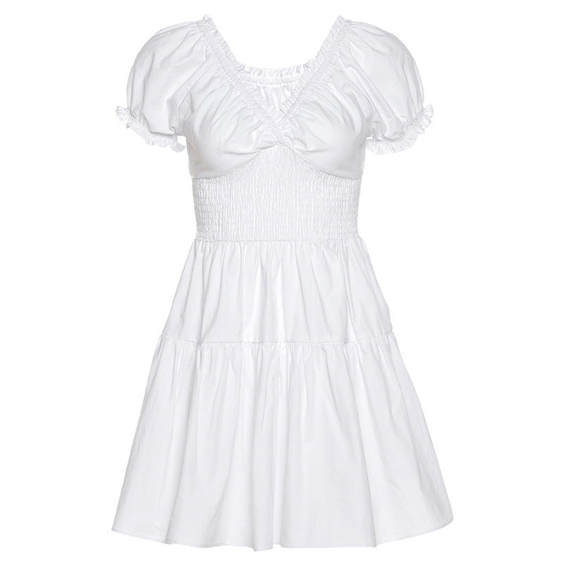 Summer Women's Puff Sleeve Square Neck Loose Pleated A-Line Dress