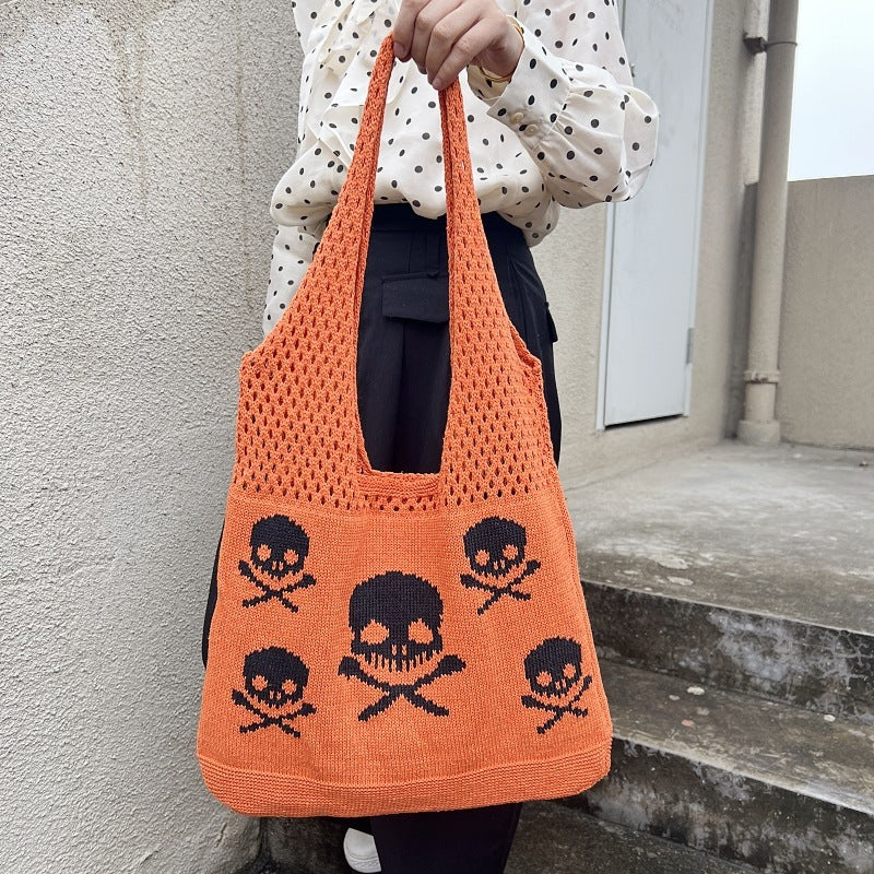 Sac à bandoulière tricoté motif tête de mort pour Halloween, sacs de courses amusants et creux pour femmes