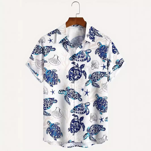 Camisa estampada con vida marina y tortugas marinas en talla grande para hombre