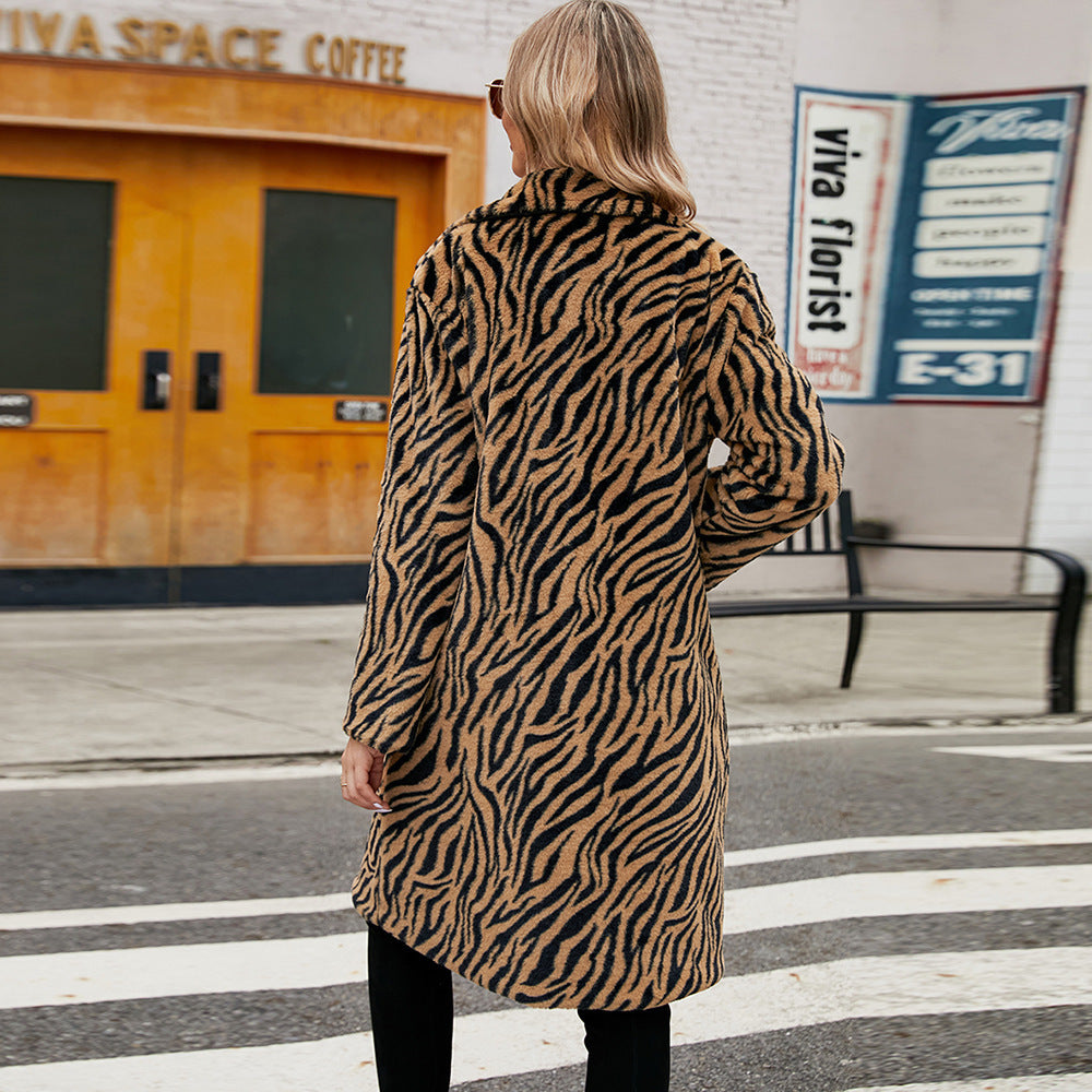 Fashion Leisure Suit Collar Artificial Leather Fur Coat Zebra Pattern Plush Long Coat