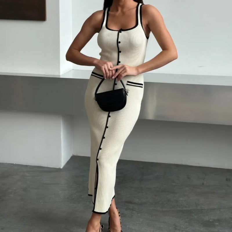 Vest-style Dress Contrast Color Single Row Multi-buckle Slit Long Knitted Dress