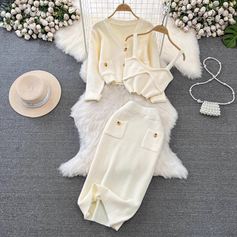 High Waist Slimming Knitted Sweater Cardigan Coat Three-piece Set