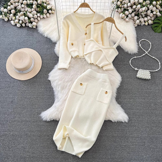 Ensemble trois pièces pull-cardigan en tricot amincissant taille haute