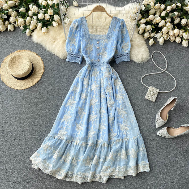 Women's Vintage Lace Square Neck Slim Fit Mid Length Ruffle Dress