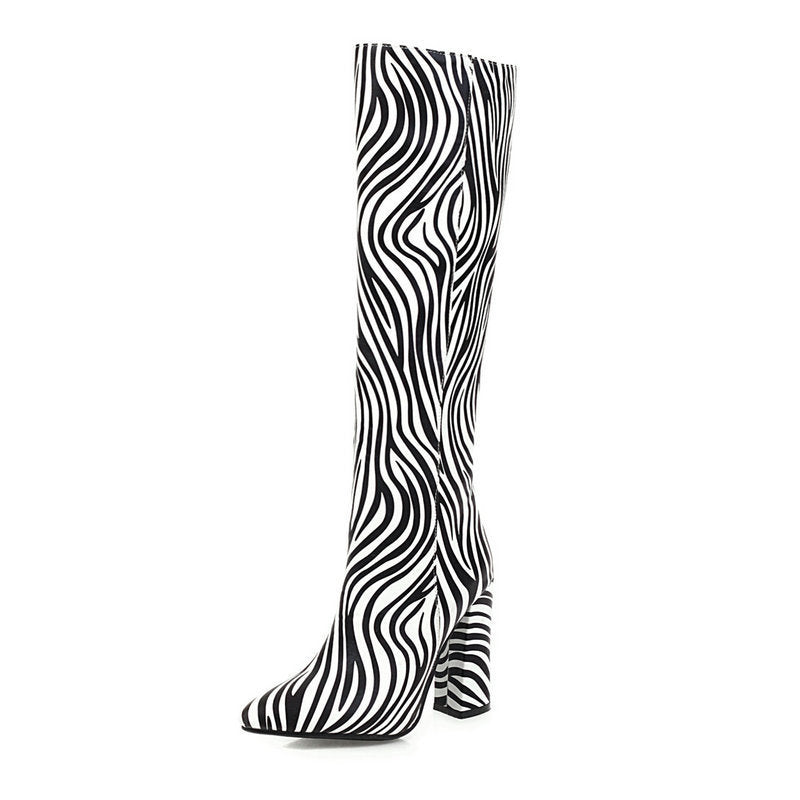 Botas de caballero de barril largo con estampado animal de moda, botas de tacón alto grueso hasta la rodilla para mujer