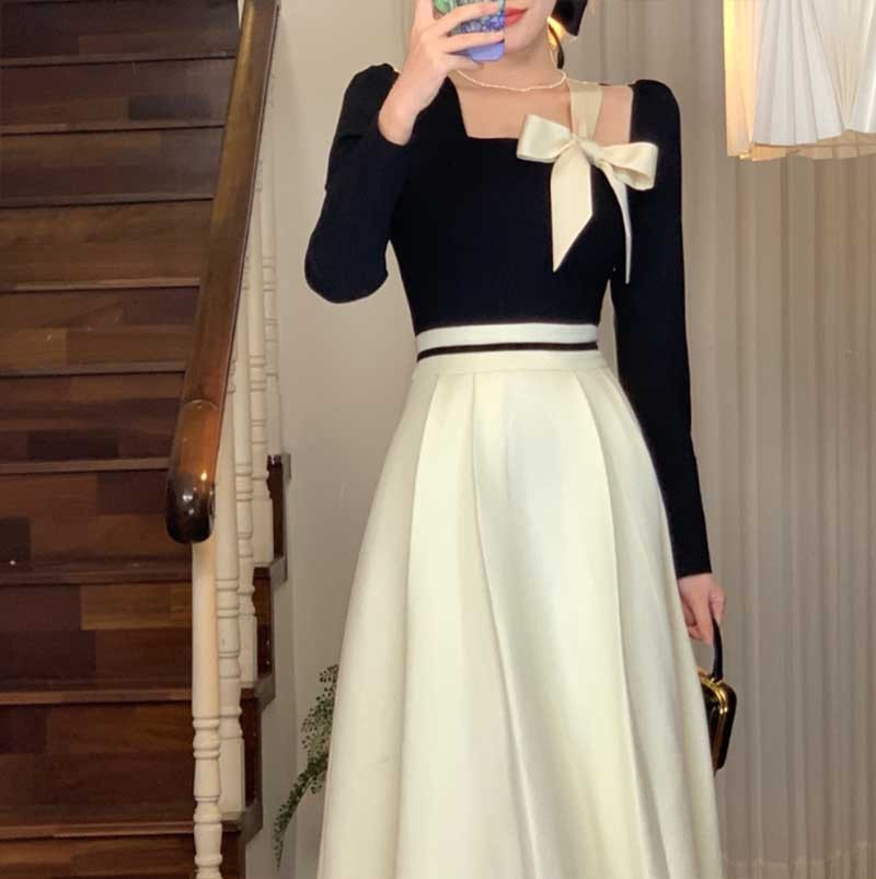 Robe trapèze taille haute à col carré et style français