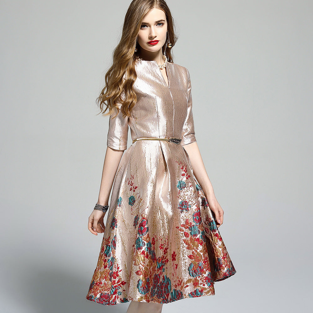 Robe haut de gamme en jacquard mi-longue à ourlet large