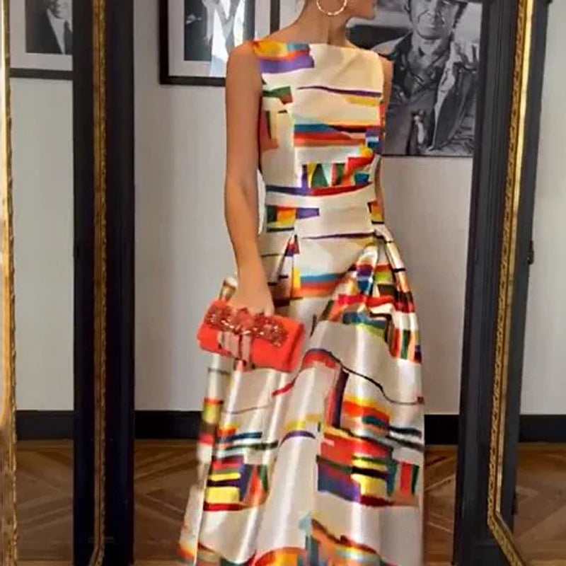 Vestido sin mangas delgado con control de cintura estampado casual de nueva moda