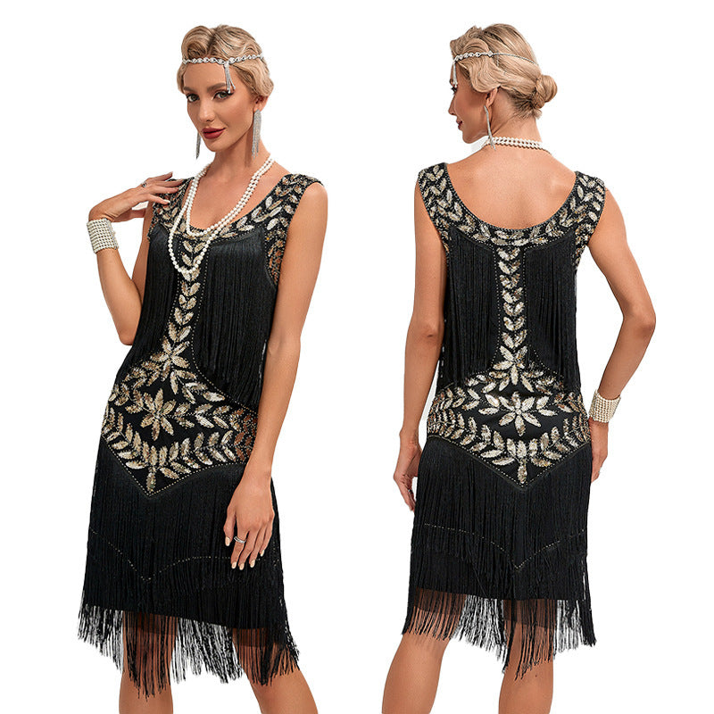 Robe de danse rétro à paillettes et col rond pour femme