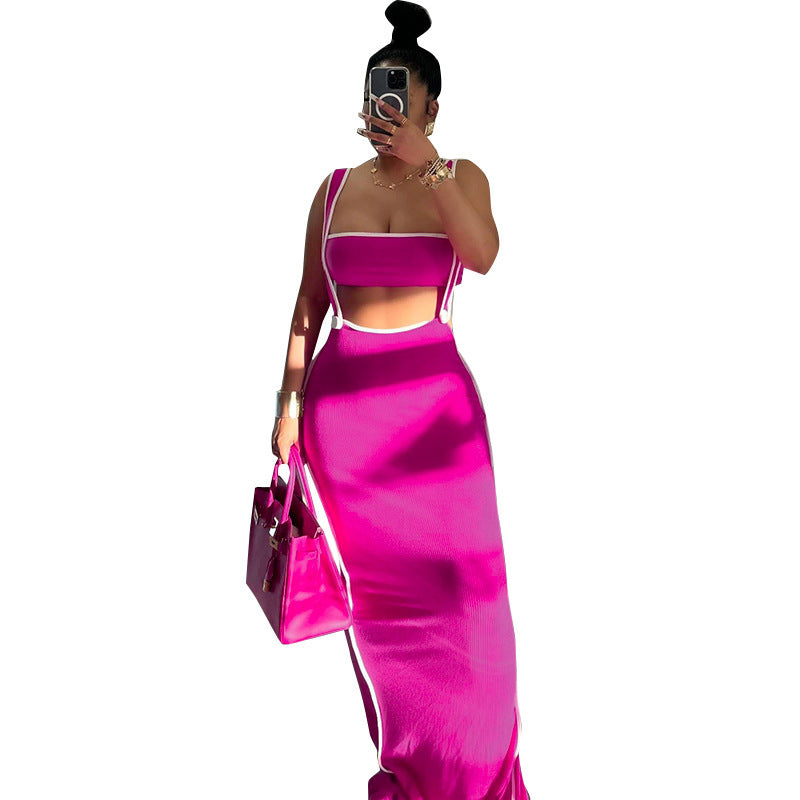 Ensemble deux pièces haut court, sangle dans le dos, boucle, jupe longue