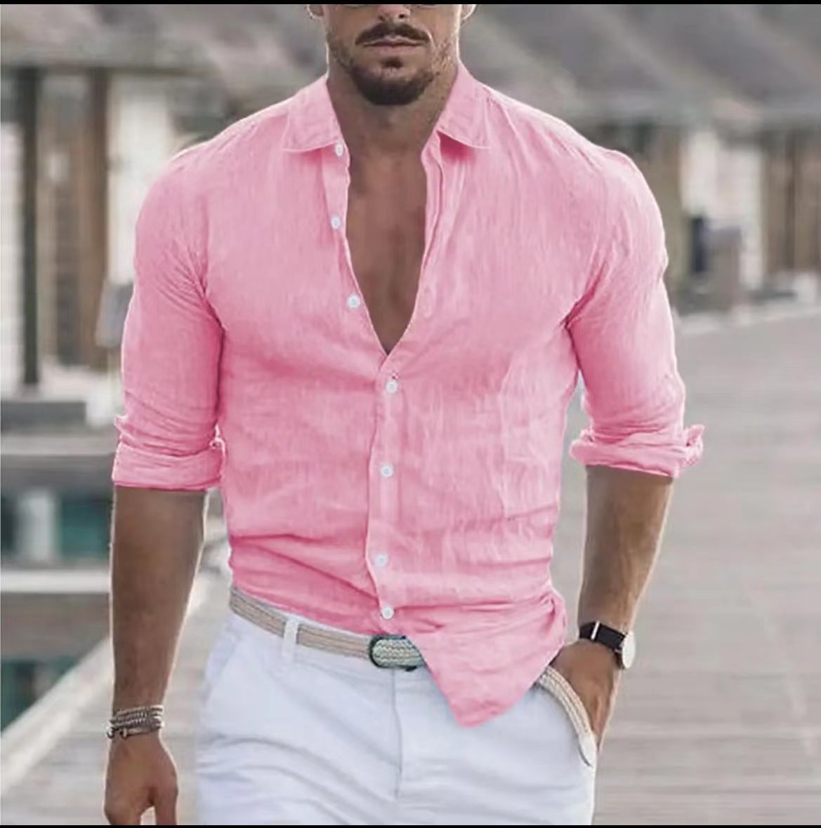 Camisa de lino para hombre Camisa con botones Camisa playera de color liso
