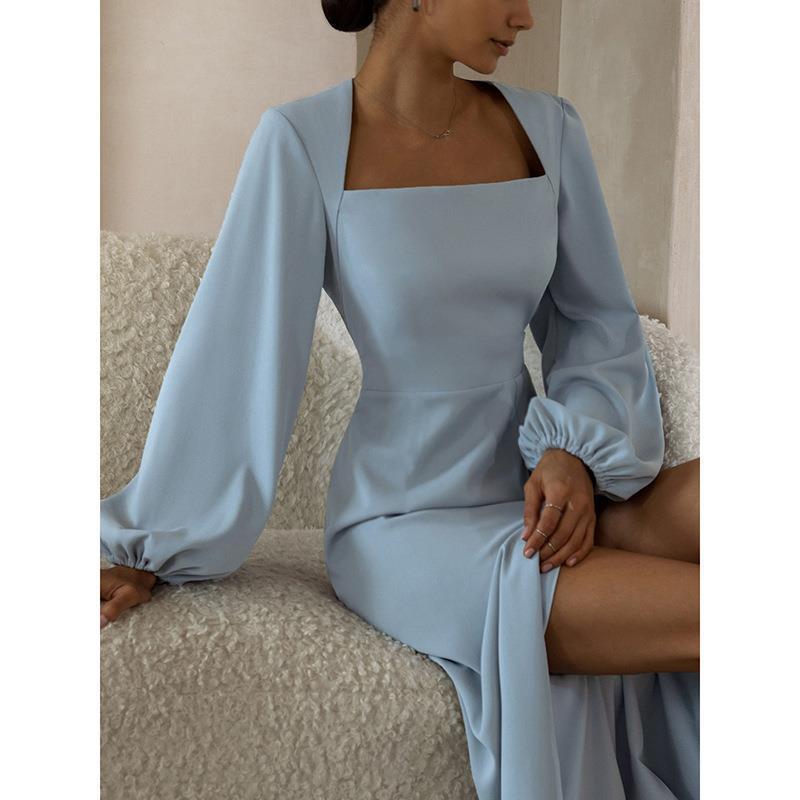 Robe élégante rétro décontractée à manches longues de couleur unie