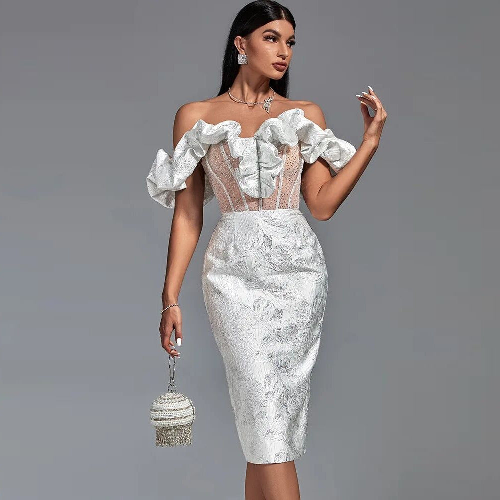 Women's Sexy Temperament Jacquard Backless Wrap Chest V-neck Bottom Slit Mid-length High-end Dress Dress Silver