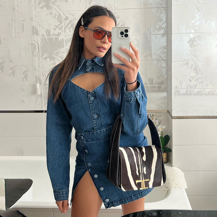 Robe trapèze en jean à manches longues pour femme