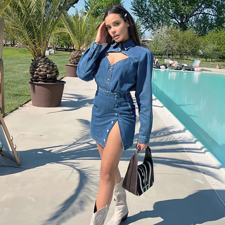 Robe trapèze en jean à manches longues pour femme