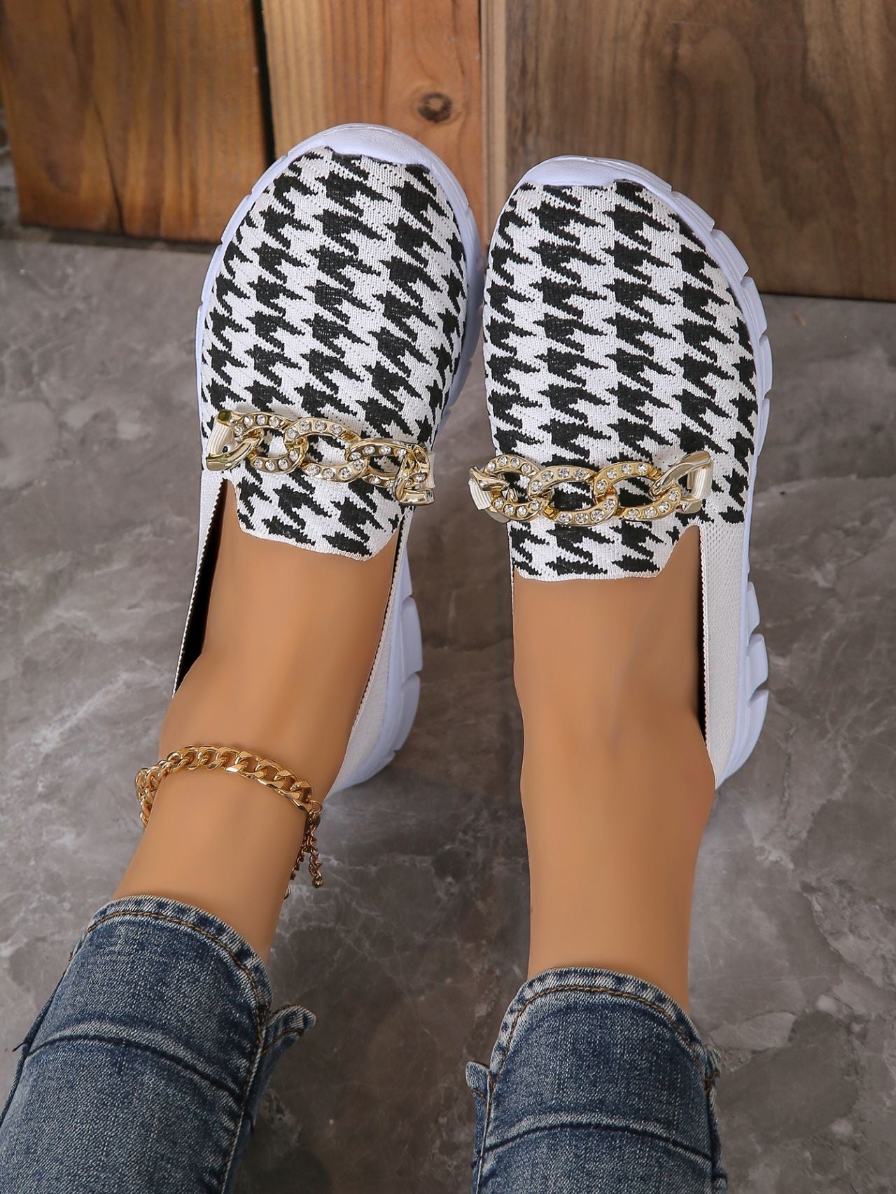 Zapatos casuales de malla con cadena y estampado de pata de gallo, zapatos planos deportivos para caminar de verano para mujer, mocasines transpirables