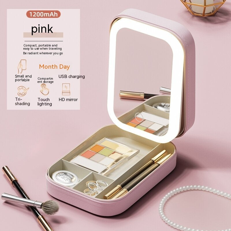 Caja de almacenamiento de maquillaje con espejo de luz LED, caja de almacenamiento portátil de cosméticos para maquillaje de viaje, organizador de almacenamiento con luz táctil