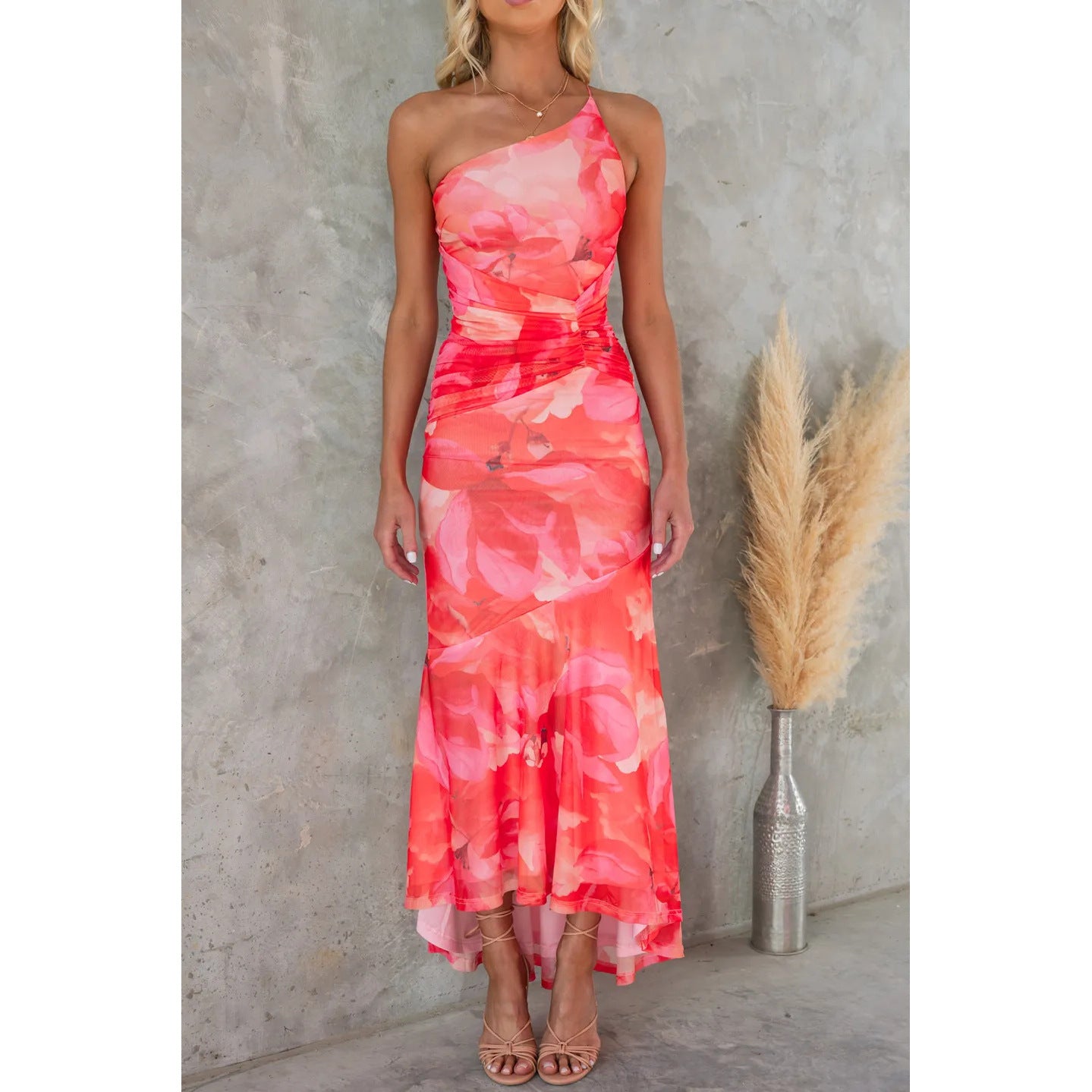 Flowers Print One-shoulder Dress Summer INS Casual Suspender Long Dress