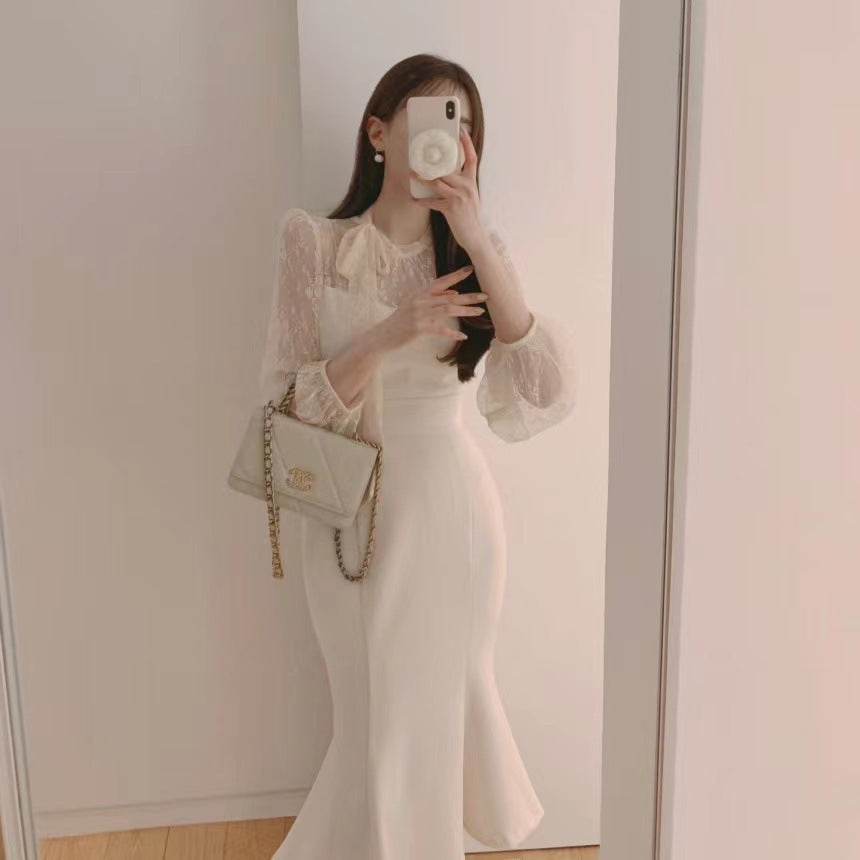 Robe fourreau amincissante en patchwork de mailles rubanées à taille haute