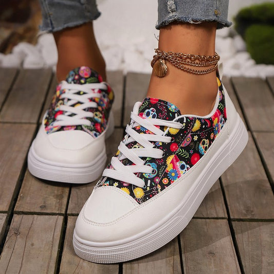 Chaussures à lacets en toile à imprimé tête de mort pour femme, chaussures plates respirantes et polyvalentes, décontractées et tendance pour étudiantes
