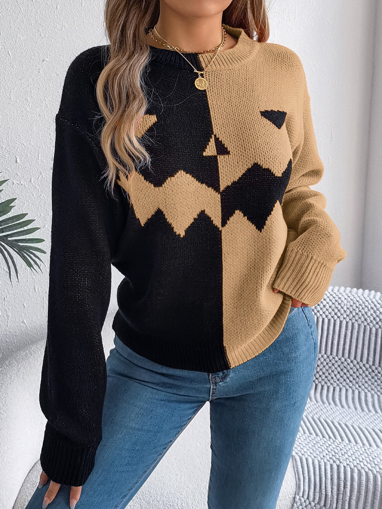 Pull d'Halloween à manches longues et couleurs contrastées pour femme