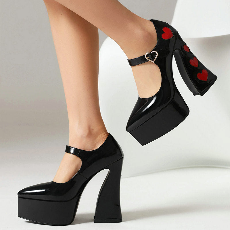 Zapatos de tacón muy alto con plataforma, suela gruesa y puntiaguda de charol, resistentes al agua