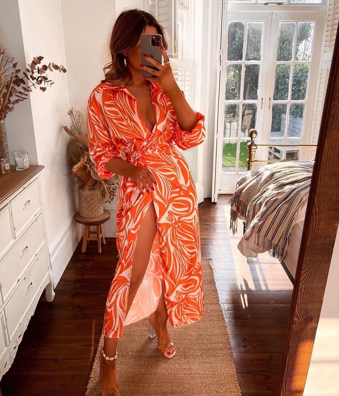 Fashion Print Balloon Sleeve Tie Slit Wrap Dress