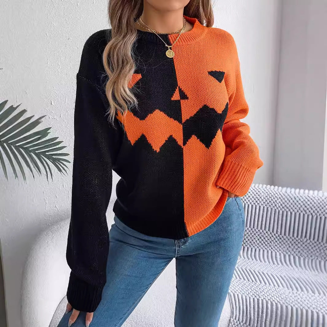 Pull d'Halloween à manches longues et couleurs contrastées pour femme