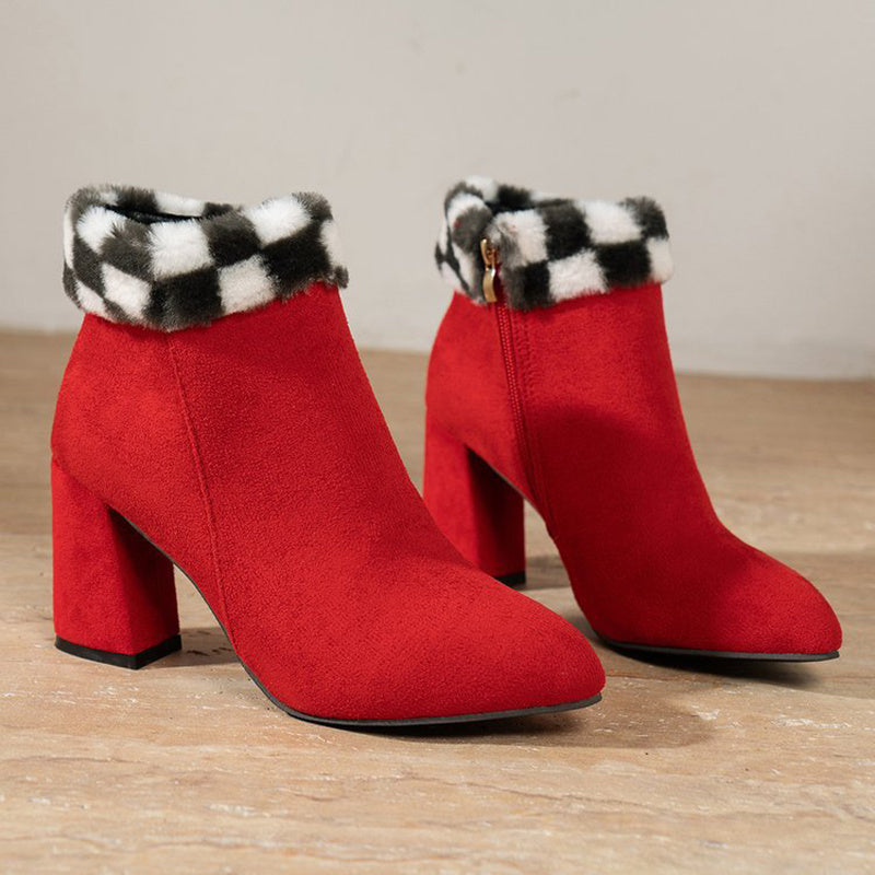 Nuevas botas de tobillo de felpa con estampado de cuadros, botas de ante de tacón cuadrado de moda de invierno para mujer, zapatos casuales versátiles para otoño e invierno